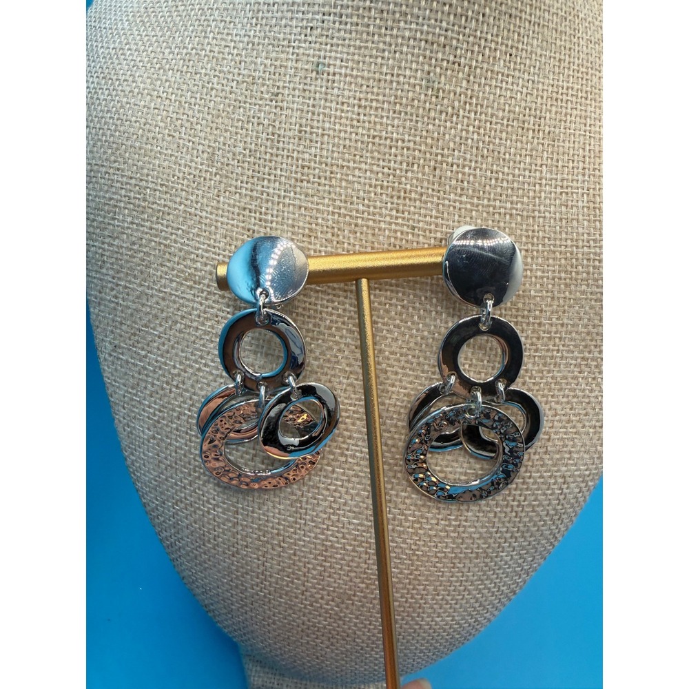 Silver Tone Hammered Multi Circle Drop Clip On Earrings Statement Geometric